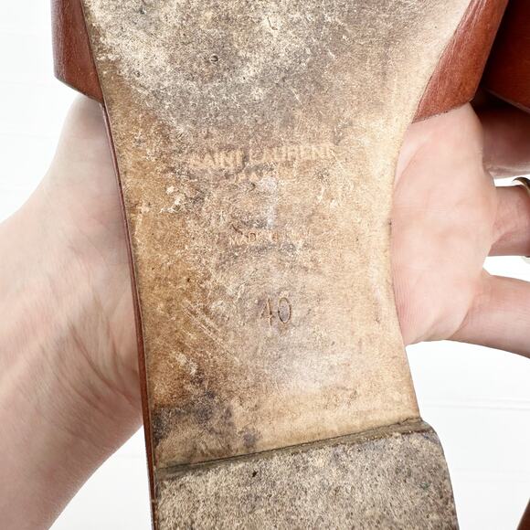 Saint Laurent Tribute Sandal Flat Mules Brown Tan Ambra Slides Smooth Leather - Picture 4 of 8